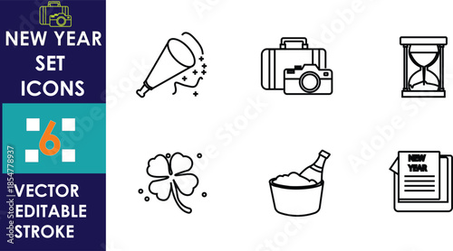 Minimal New Year set icons featuring megaphone, camera, hourglass, calendar, flower, bucket, and document, presented as clean editable vector line symbols on white background