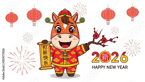 Chinese zodiac ox mascot wearing traditional red outfit holding scroll with fireworks