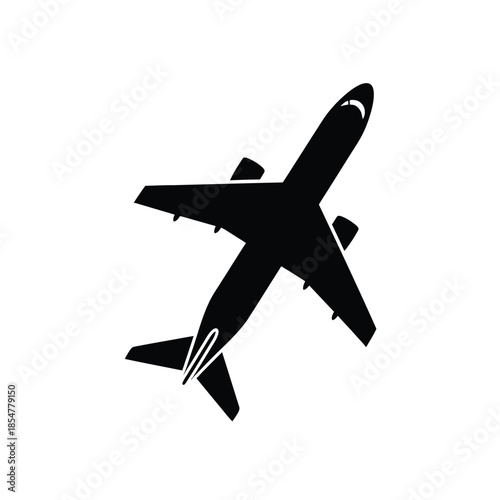 A simple black silhouette of an airplane is shown from above suggesting travel and flight hinting at aviation and journeys