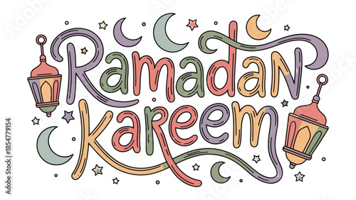 Ramadan Kareem: A vibrant and colorful illustration captures the spirit of Ramadan, showcasing traditional lanterns, crescent moons, and stars in a joyful display of faith and celebration.
