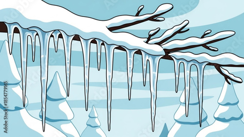 Icicles hanging from snow covered tree branch in winter landscape with icy blue background