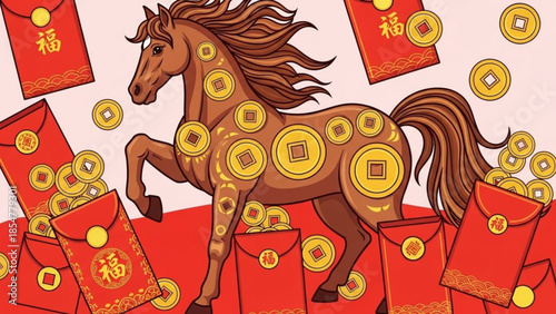 Brown horse with flowing mane and tail surrounded by gold coins and red envelopes with chinese