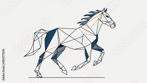 Running horse in motion with geometric shapes and lines forming its body against white