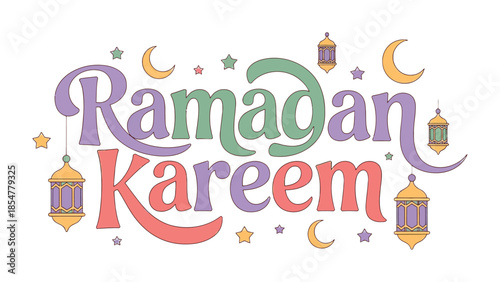 Ramadan Kareem: Celebrate the holy month with a festive and colorful illustration featuring traditional lanterns, crescent moons, and stars, perfect for spreading joy and well wishes.