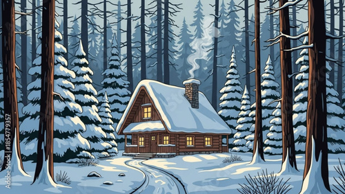 Snowy forest scene with warm cabin and chimney smoke, surrounded by tall trees