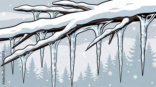 Snowy tree branch with long icicles hanging down, winter landscape with evergreen trees