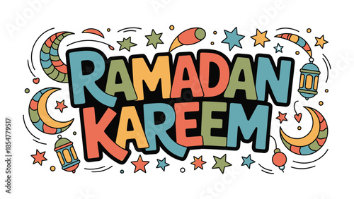 Ramadan Kareem: Vibrant Illustration of Religious Celebration. A colorful and lively illustration capturing the spirit of Ramadan Kareem, filled with decorative elements like crescent moons, stars.