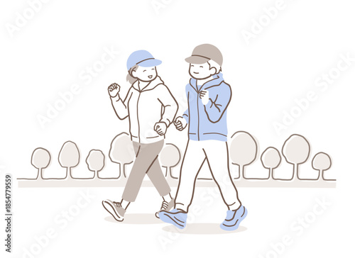公園でウォーキングする男性と女性のイラスト素材
