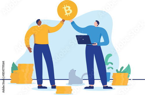  Men holding Bitcoin - Two business people investing in crypto currency holding coin in hand smiling and being happy. Flat design cartoon illustration with white background