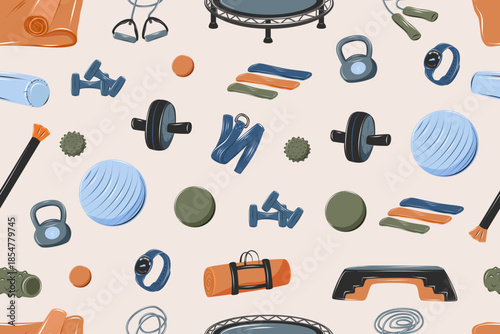 Seamless fitness  pattern with wirkout equipment elements. Sport background for textile, fabric, and packaging. Collection gym accessories for yoga, jumping fitness and stepping.