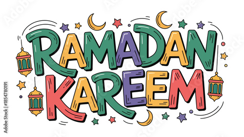 Ramadan Kareem Illustration: Colorful illustration expressing the spirit of Ramadan, complete with crescent moons, stars, and lanterns. The image radiates an atmosphere of peace, faith.