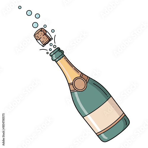 Vibrant illustration of a sparkling beverage bottle with cork popping and bubbles