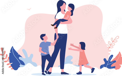 Mother and three children - Mom parent alone outdoors playing with kids. Leisure family activity concept in flat design vector illustration with white background