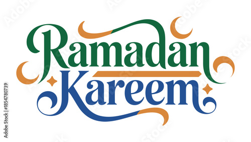 Ramadan Kareem Greetings: An elegant calligraphic design in serene green, orange and blue hues conveying the message of Ramadan Kareem.