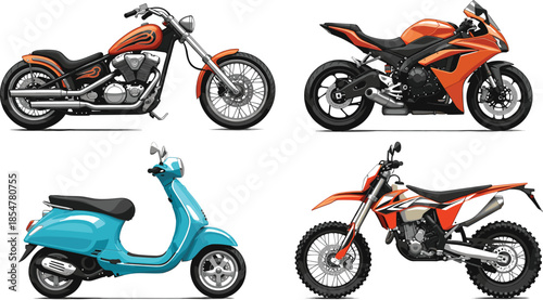 PrintCollection of modern motorcycle vectors featuring various styles including a custom chopper sport bike dirt bike and blue classic scooter set isolated.