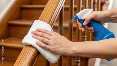 Person cleaning wooden stair railing with blue spray bottle and white cloth, household hygiene and home maintenance