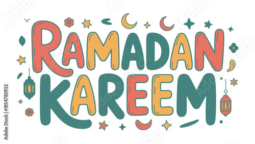 Ramadan Kareem: A vibrant and colorful illustration of the greeting Ramadan Kareem during the holy month. Embodying the spirit of sharing, spirituality, and reflection.
