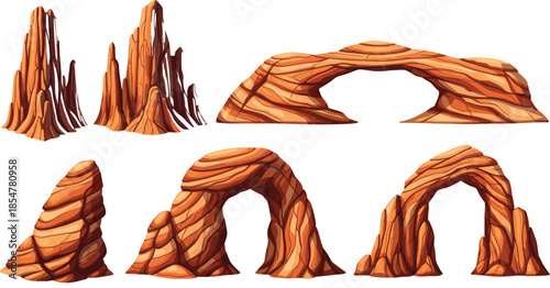 Collection of desert rock formation vectors featuring red sandstone arches canyons and towering stone pinnacles isolated on a clean white background set.