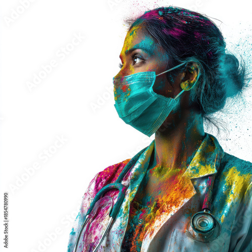 Colorful celebration of Holi with a young female doctor adorned in vibrant powders and professional attire