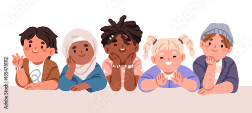 Kids group. Happy diverse children sitting together at desk, smiling boys and girls. Multiethnic kindergarten child characters. Elementary school. Flat vector illustration isolated on white background