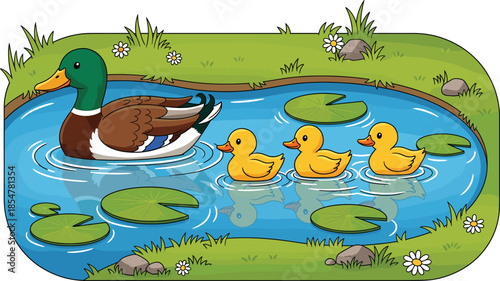 Vector illustration of a mallard duck swimming with three yellow ducklings in a pond with lily pads grass and flowers isolated set.
