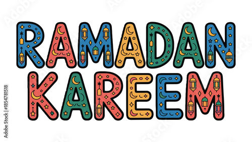 Ramadan Kareem Illustration: A vibrant and colorful illustrated design that spells out Ramadan Kareem with Islamic symbols, ideal for conveying festive greetings and celebrating the holy month.