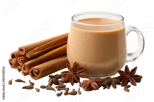 Glass mug of creamy chai tea with cinnamon sticks star anise and cloves image