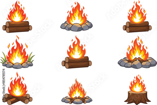 Collection of campfire vectors featuring various burning flames on wooden logs and stones for outdoor camping adventures isolated on a white background.