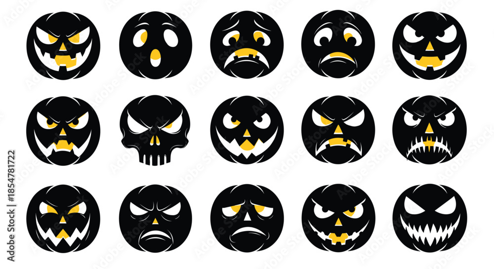 Fototapeta premium Collection of black Halloween pumpkin silhouette vectors featuring various spooky jack o lantern face expressions and a skull isolated on white background.