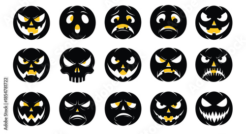 Collection of black Halloween pumpkin silhouette vectors featuring various spooky jack o lantern face expressions and a skull isolated on white background.