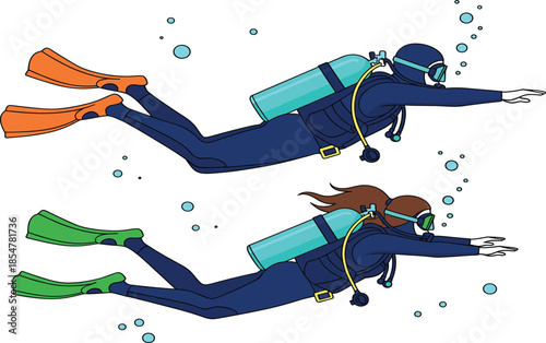 PrintVector illustration of male and female scuba divers swimming underwater with oxygen tanks and diving gear isolated on a white background set.