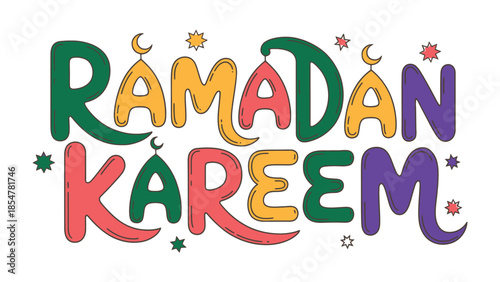 Ramadan Kareem: A festive and vibrant graphic design spells out Ramadan Kareem in colorful letters, adorned with crescent moons and stars, celebrating the holy month of Ramadan.