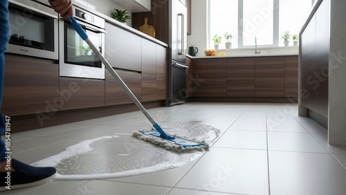 Person cleaning modern kitchen floor with blue mop and soapy suds, efficient home care routine.
