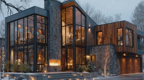 Modern Architectural Residence: Captivating a contemporary dwelling, its striking facade features expansive windows that reveal a glimpse of the warm interior lights.