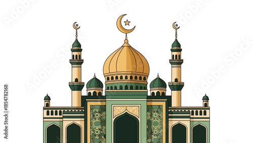 Vector illustration of a mosque with golden dome and minarets at dusk