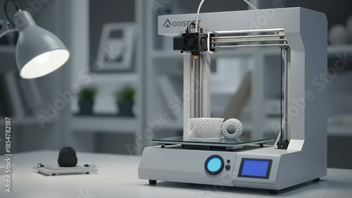 Modern 3D printer in a cozy workspace producing a detailed object with soft lighting and minimal decor