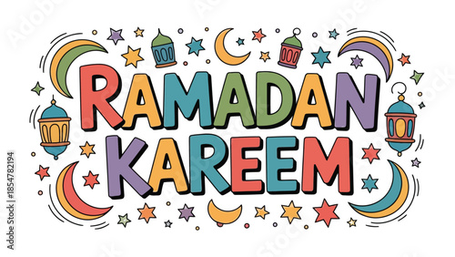 Ramadan Kareem Illustration: A festive illustration announcing Ramadan Kareem, featuring colorful crescent moons, stars, and lanterns.