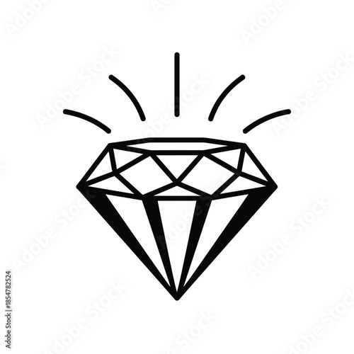 a simple black and white illustration depicting a faceted diamond with radiating lines above it suggesting brilliance and sparkle