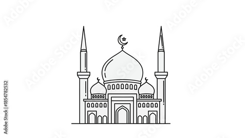 Elegant vector icon depicting a traditional mosque, featuring its characteristic dome and minarets, ideal for religious and architectural themes and cultural symbolism