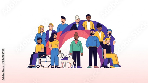 Diverse group of people with disabilities and guide dog standing together in front of a rainbow symbolizing unity and inclusivity