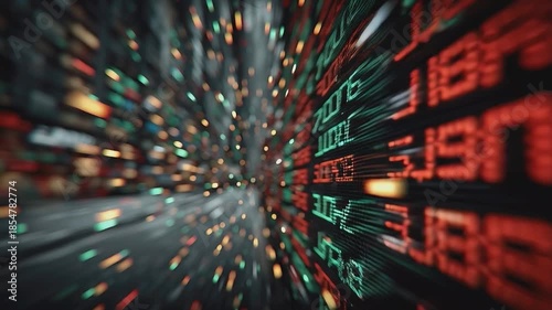 Dynamic Data: Abstract close-up of a digital display, numbers, colors create an abstract and exciting image, highlighting the fast pace of modern technology and global finance. 