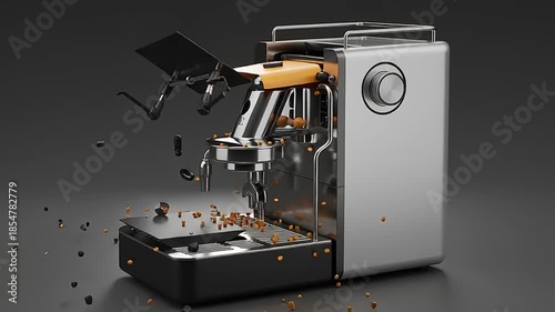 Modern espresso machine disassembled with parts flying, showcasing intricate design and technology