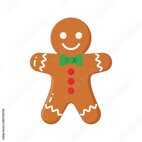 a delightful illustration of a classic gingerbread man with a cheerful expression green bow tie and simple decorations high quality