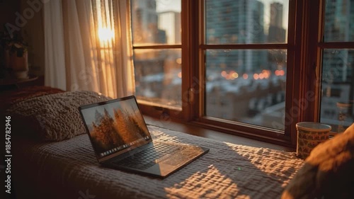 City View Workspace: A cozy window seat workspace, adorned with a laptop and a steaming cup, offers a captivating view of a city at sunset, fostering productivity and relaxation. 