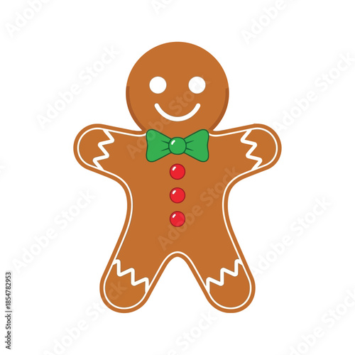 a simple illustration of a classic gingerbread man character with a green bow tie and red buttons high quality professional