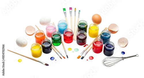 Easter egg painting supplies with colorful paints brushes and eggs on black background image