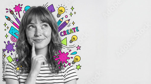 Thoughtful woman with creative ideas on bright sticker background  