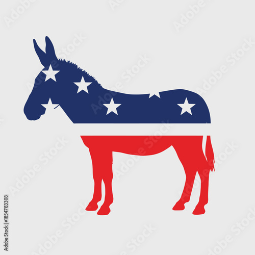 A striking silhouette of a donkey is displayed incorporating the colors and stars of the american flag representing democratic ideals