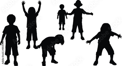 Black silhouettes of children playing, jumping and standing in various poses, childhood group of kids vector set isolated on white background, playful (22 words)