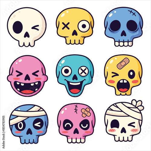 Colorful cartoon skulls with various emotions and injuries